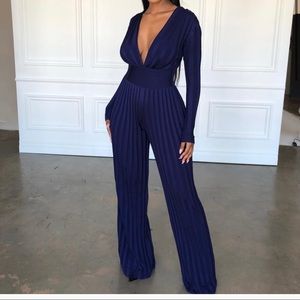 House of CB London Lobg Sleeve ribbed pants jumpsuit navy blue deep V neck